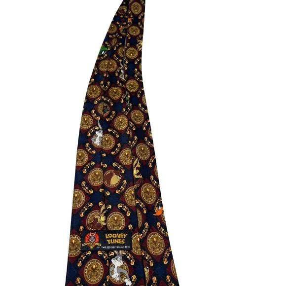 Looney Tunes Necktie Mens Navy Burgundy Vintage 1997 Excellent Medallion Print - Picture 8 of 12